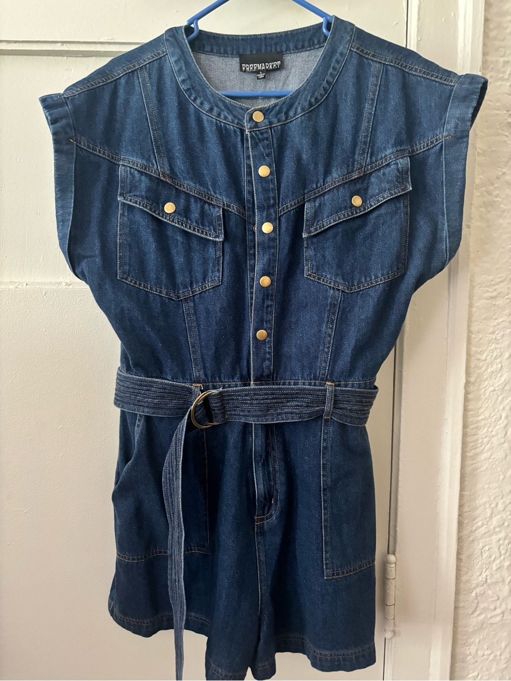 PREMAMARKET Dark Blue Denim Romper with Belt